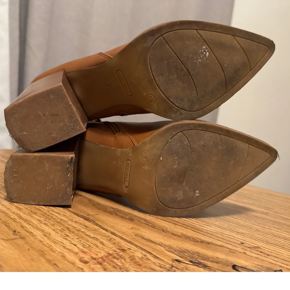 Nine West sz 7.5 Coffee Brown Zip Up Pointed Toe Chunky Heel Boot Chic Fall Edgy - Picture 12 of 15